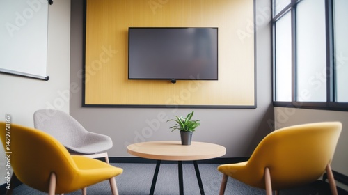 Modern office meeting room, chairs, table, TV, window
