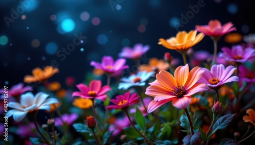 Vibrant flower blooms in a magical garden at night nature photography soft bokeh background enchanting atmosphere