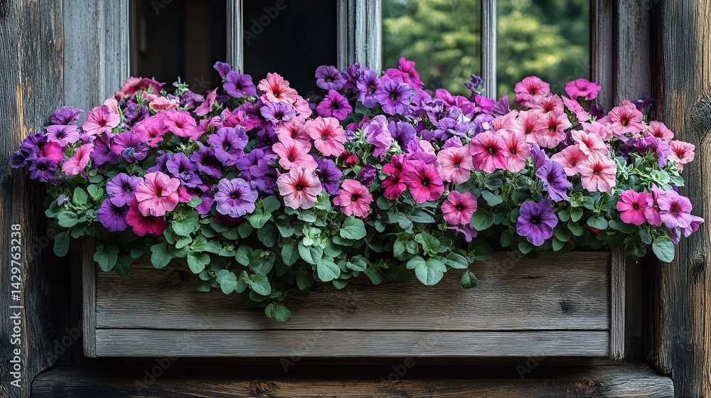 Obraz premium Charming scene of a window box overflowing with colorful geraniums and petunias