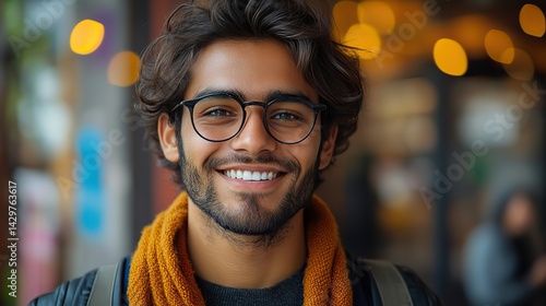 cheerful positive young indian student guy in glasses waving hand hello at camera making greeting gesture on video call speaking on conference chat smiling vertical head shot portrait