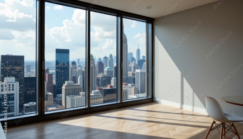 Fototapeta premium Modern urban living space with city skyline view high-rise apartment contemporary design bright environment