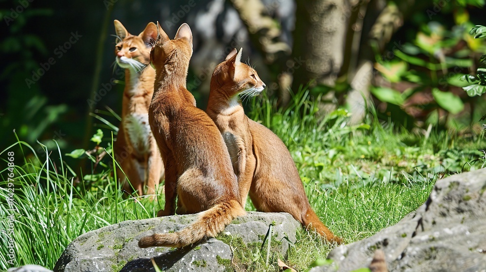 An elegant Abyssinian cat is attractively presented. The Abyssinian, renowned for its sleek and athletic build, showcases a beautiful ticked coat that features a warm, rich brown hue with darker marki An elegant Abyssinian cat is attractively presented. The Abyssinian, renowned for its sleek and athletic build, showcases a beautiful ticked coat that features a warm, rich brown hue with darker marki
