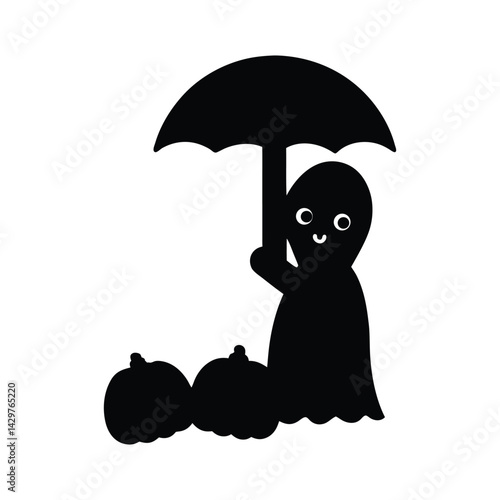 Ghost Holding Umbrella Under Raining Pumpkins Silhouette