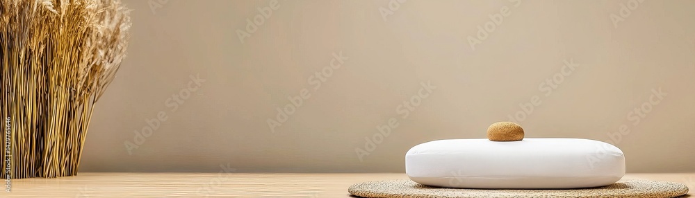 A minimalist decor featuring a smooth white object, a small stone, and dried plants, creating a serene and calming atmosphere.
