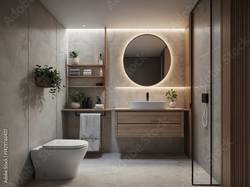Small compact bathroom with smart storage, floating toilet and sink, soft neutral tones, space-saving design, clean and minimal layout, high-detail photorealistic render