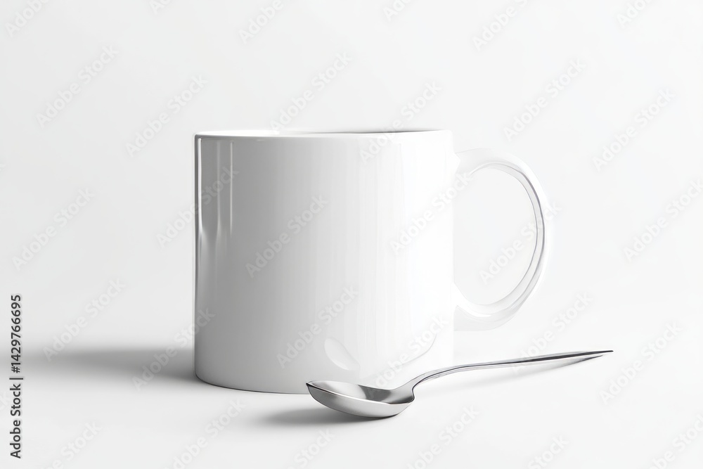 Obraz premium A blank white mug with a spoon resting on the handle, soft natural shadows, realistic ceramic finish