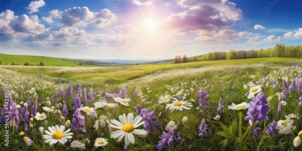 Fototapeta premium Spring landscape panorama with flowering flowers on meadow. white chamomile and purple bluebells blossom on field
