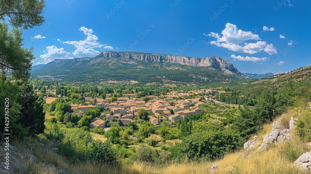 Fototapeta premium Scenic view of a village nestled in a valley under a big mountain and blue sky
