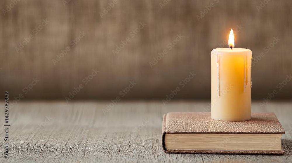 A lit candle rests on a closed book, creating a serene and cozy atmosphere with warm light and soft textures.