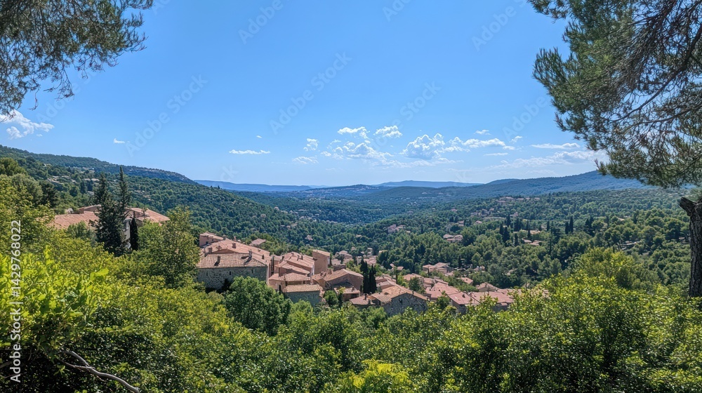 Fototapeta premium Village view with trees framing a valley under a sunny sky. For travel posters