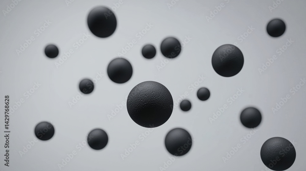 A collection of black spheres of varying sizes, floating against a simple light gray background, creating a modern and abstract visual effect. A collection of black spheres of varying sizes, floating against a simple light gray background, creating a modern and abstract visual effect.