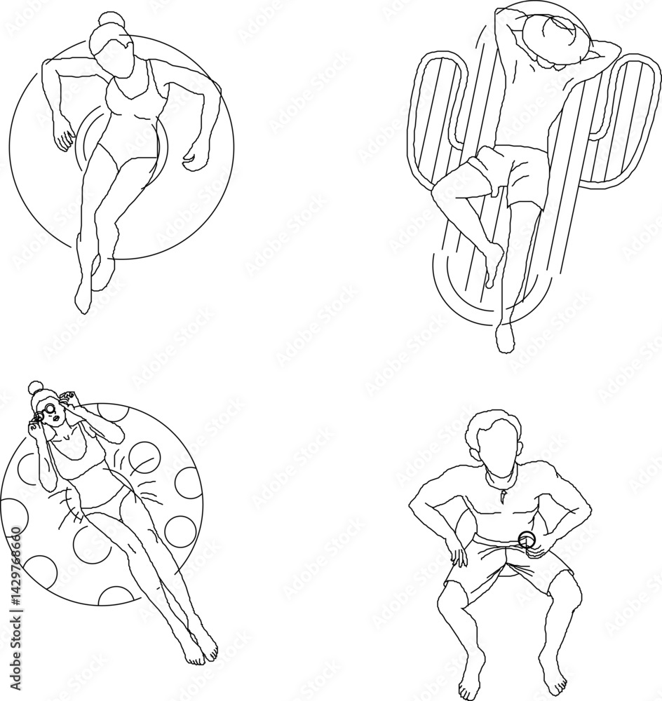 Fototapeta premium silhouette design vector illustration sketch of a person doing relaxing activities sitting on a float above a swimming pool