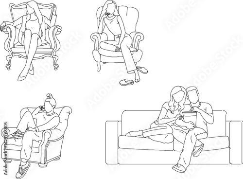 silhouette design vector illustration sketch of a person resting sitting relaxing on a sofa