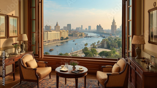 Cairo Riverside View: A luxurious hotel room offering an elegant panorama of Cairo city. The spacious room features exquisite decor, framed by an open window that unveils the city's skyline.