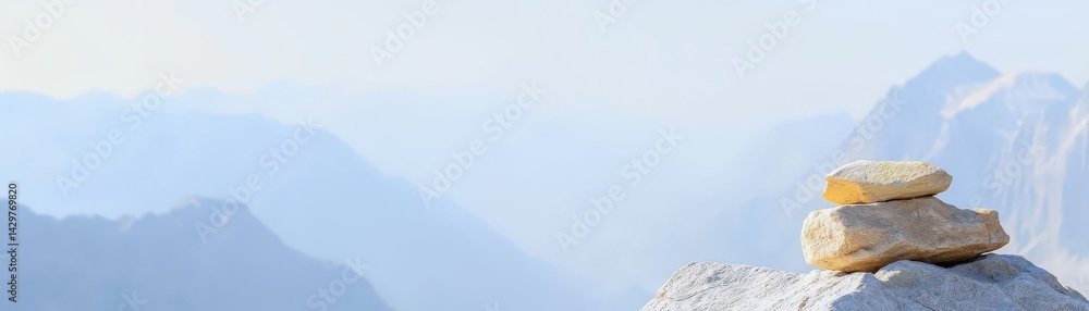 A serene mountain landscape featuring stacked stones, evoking tranquility and connection with nature.