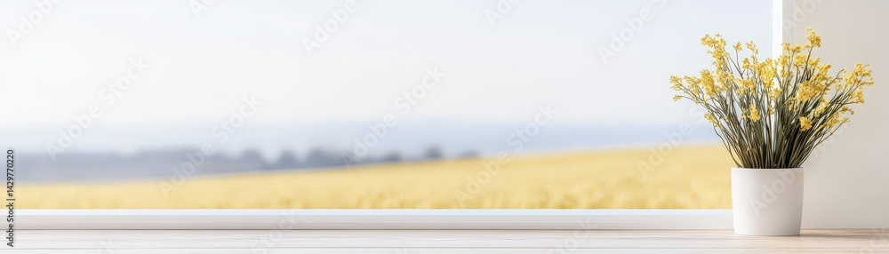 A serene window scene featuring a flower vase and a soft, blurred landscape in the background, creating a calming atmosphere.