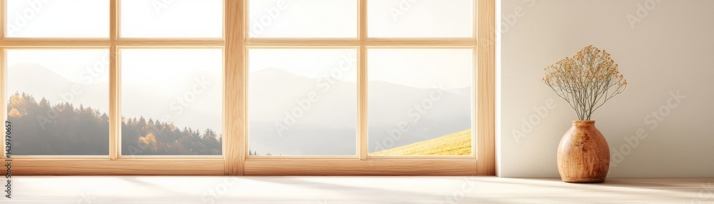 A serene interior scene featuring a large window, mountains in the background, and a decorative vase with dried flowers on the floor.