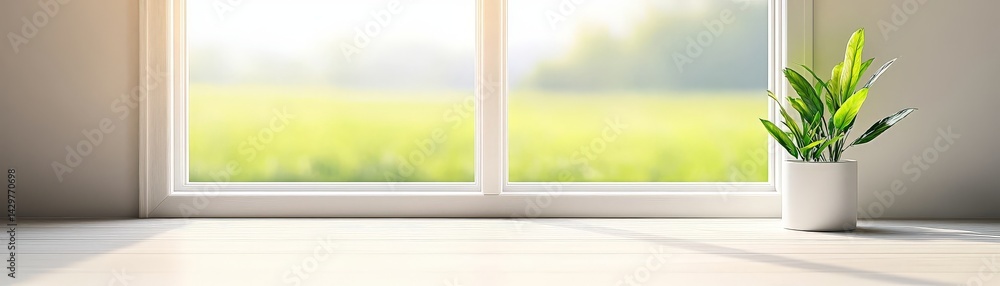 A bright indoor scene featuring a potted plant by a window, with a view of green fields in the background.