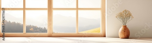 Obraz na płótnie A serene interior scene featuring a large window, mountains in the background, and a decorative vase with dried flowers on the floor. w salonie