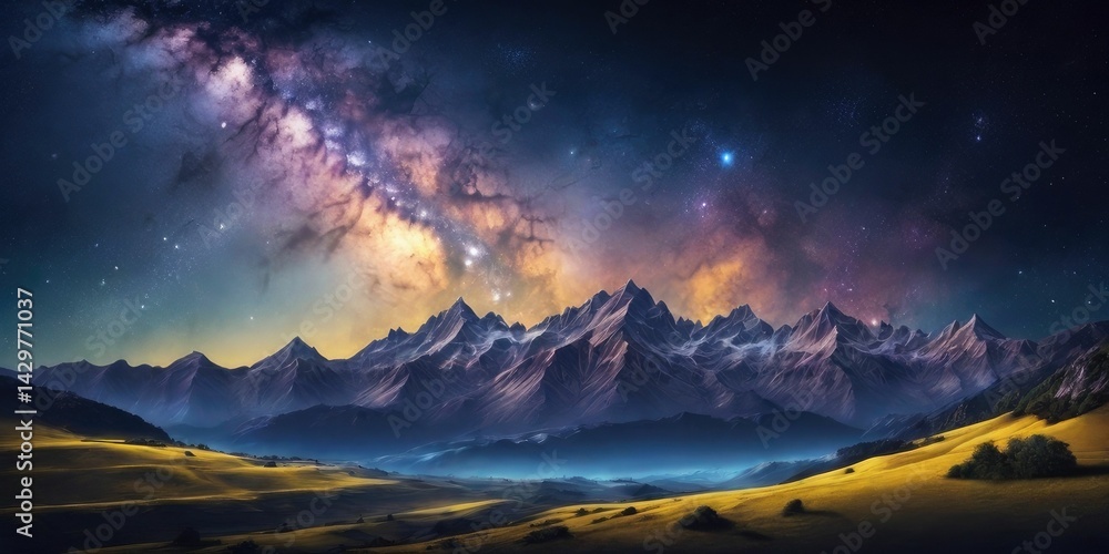 Night landscape with colorful Milky Way and yellow light at mountains. Starry sky with hills at summer. Beautiful Universe. Night landscape with colorful Milky Way and yellow light at mountains. Starry sky with hills at summer. Beautiful Universe.