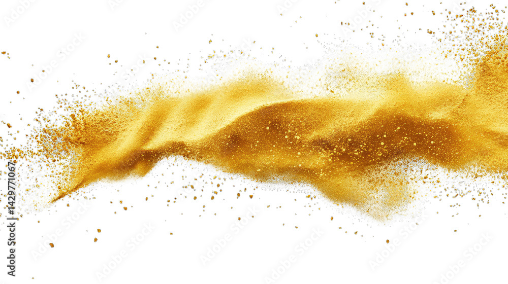a dynamic swirl of golden powder or dust against a white background creating an artistic and vibrant effect it can be used for design decoration or to evoke a sense of luxury a dynamic swirl of golden powder or dust against a white background creating an artistic and vibrant effect it can be used for design decoration or to evoke a sense of luxury