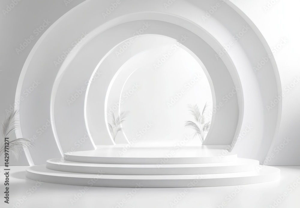Fototapeta premium Elegant White Minimalist Stage with Curved Architectural Elements