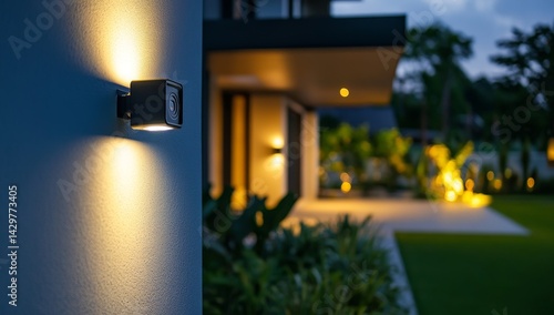 Modern outdoor wall light illuminating a home's exterior at dusk