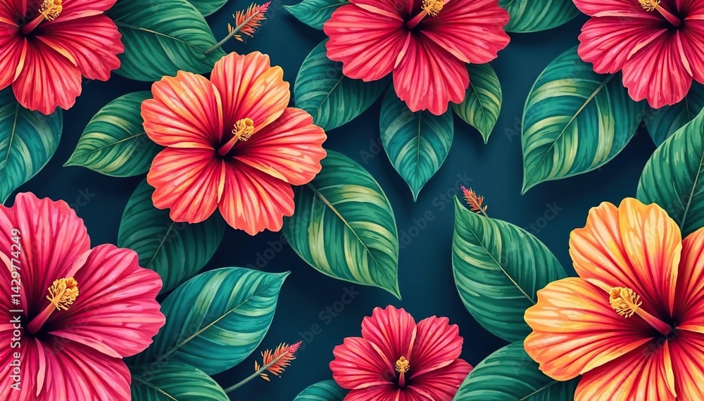 Bold tropical hibiscus pattern, vibrant colors , art, flowers, exotic Bold tropical hibiscus pattern, vibrant colors , art, flowers, exotic