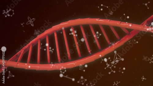 Red 3D DNA helix being visualized across dark brown background, with white molecular icons floating