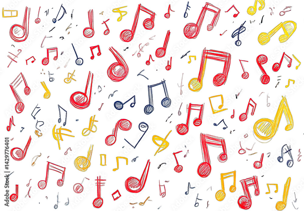 a colorful array of musical notes sketched in red blue and yellow against a white background symbolizing creativity and the joy of music a colorful array of musical notes sketched in red blue and yellow against a white background symbolizing creativity and the joy of music