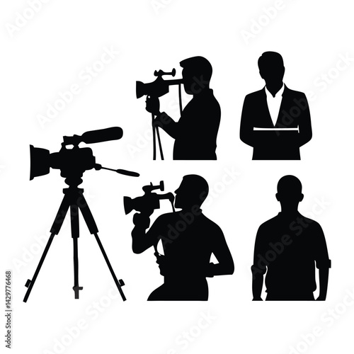 Silhouettes of television station camera operators set with white Background