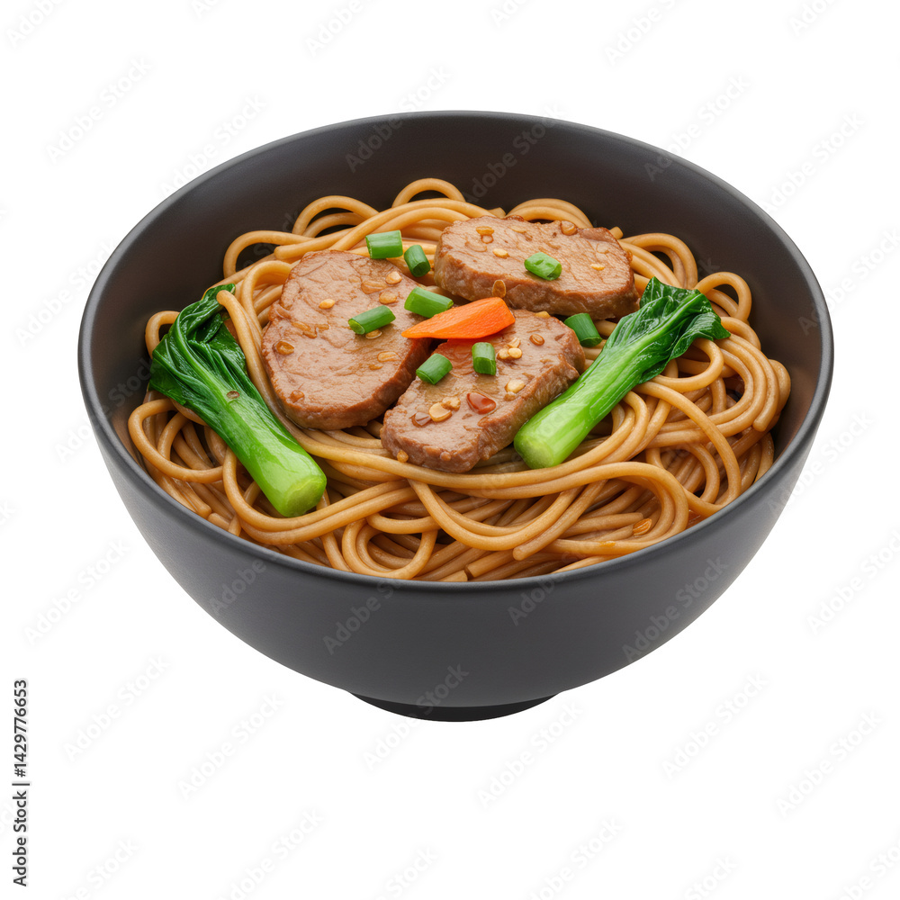 黒いボウルに入った茶色の麺と肉料理 鮮やかな緑色の野菜が添えられ 透明な背景に孤立 黒いボウルに入った茶色の麺と肉料理 鮮やかな緑色の野菜が添えられ 透明な背景に孤立