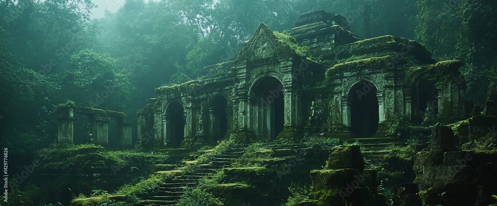Misty ruins amidst verdant overgrowth capture the serenity of an ancient temple Misty ruins amidst verdant overgrowth capture the serenity of an ancient temple