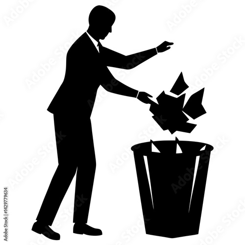 Man throwing paper into a trash can silhouette