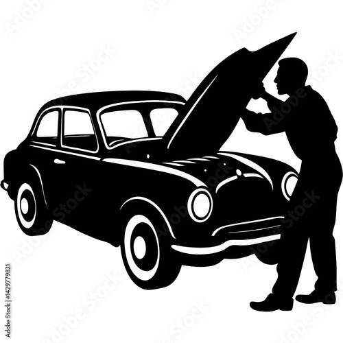 Mechanic repairing car with open hood vector