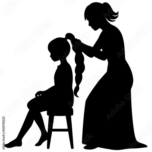 Mother braiding daughter hair silhouette art