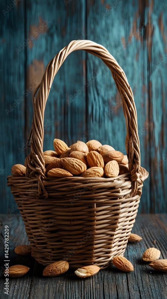 Wicker Basket Full of Almonds on Rustic Wooden Background Wicker Basket Full of Almonds on Rustic Wooden Background