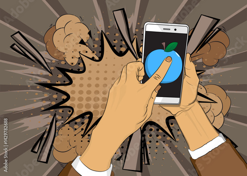 Cartoon Smartphone, comic book Telephone with Apple. Retro vector comics pop art design.