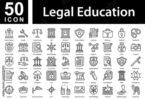 Legal Education Icon Collection and Symple Concept Black Outline