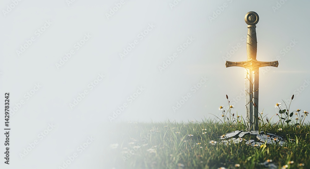 Fototapeta premium A golden sword embedded in a grassy field, bathed in ethereal light.