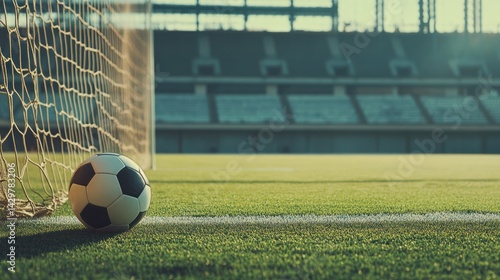 Soccer ball in net, stadium backdrop. Concept of sports, competition, leisure