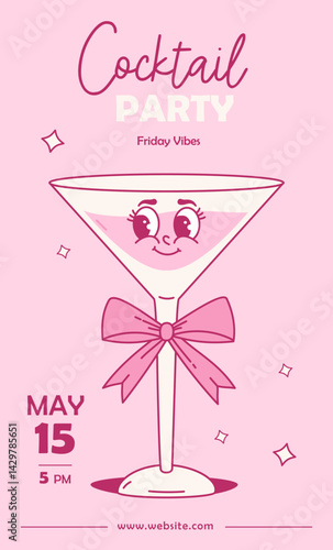 Pink Vintage Groovy Glass Cocktail Character with Ribbon Bow. Romantic Aesthetic Drink. Trendy retro party invitation poster flyer with alcoholic or nonalcoholic beverage. Vector illustration 70s, 80s
