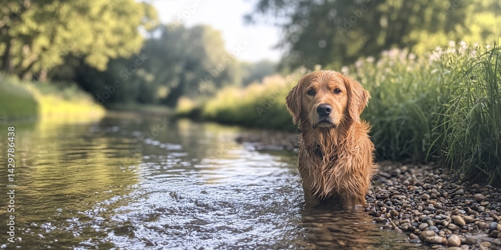 Golden retriever enjoying a refreshing dip in a tranquil, shallow river setting Golden retriever enjoying a refreshing dip in a tranquil, shallow river setting