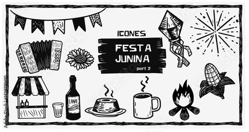 Rustic woodcut-style illustration of "Festa Junina" icons: bonfire, accordion, corn, fireworks, food, drinks, and flags from Brazil's traditional June festival.