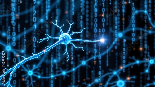 A bioluminescent neuron, pulsating with soft, ethereal light, extends a branching axon into a network of glowing blue nodes