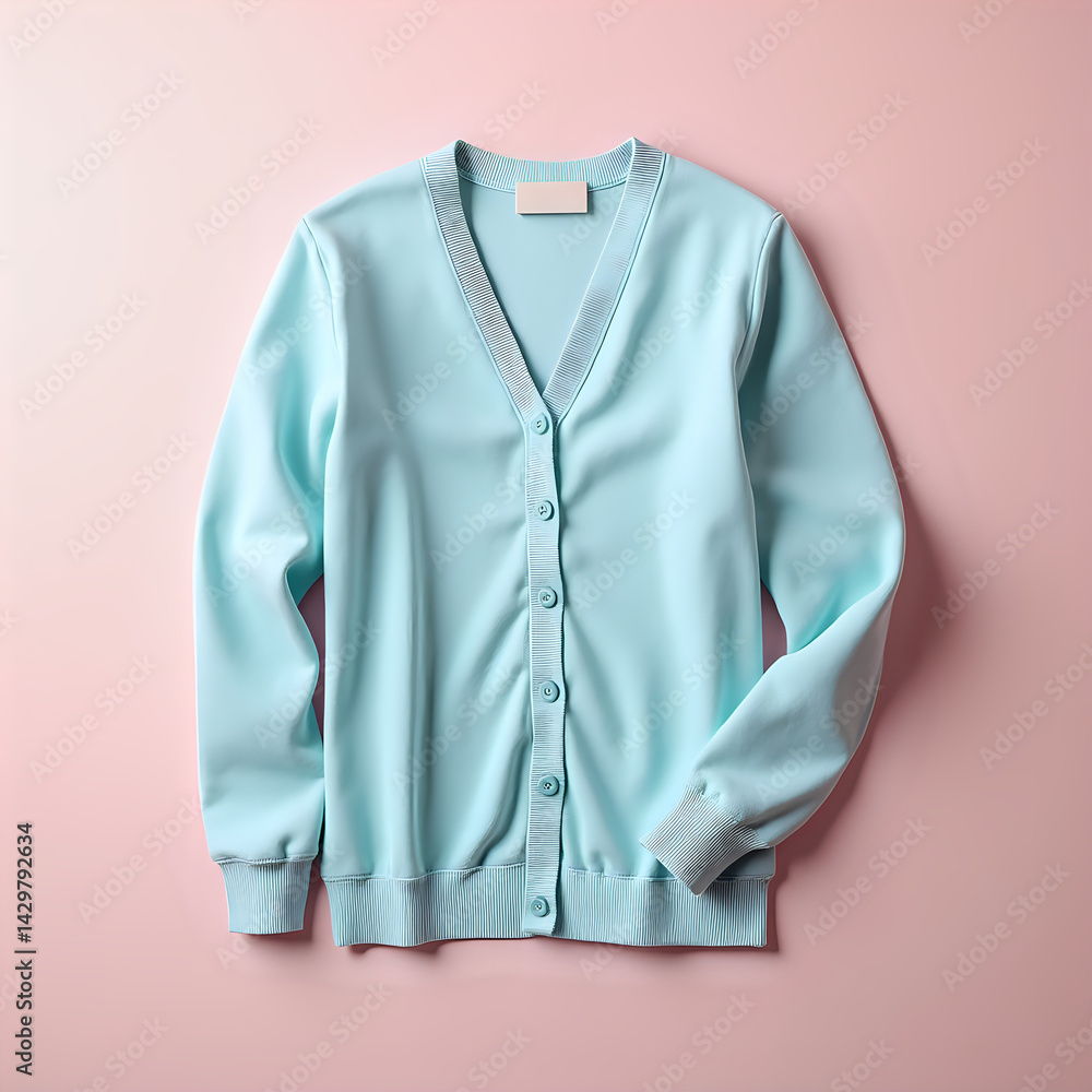 Fototapeta premium A light blue cardigan on a pink background.