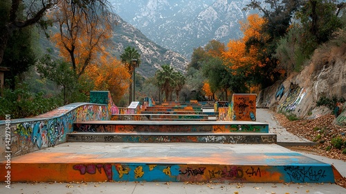 Colorful skatepark nestled in autumnal mountain valley.