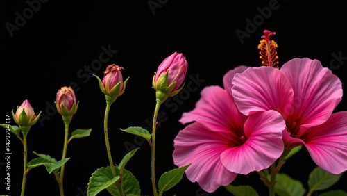 A captivating close up time lapse showcases the life cycle of four vibrant pink Hibiscus syriacus flowers