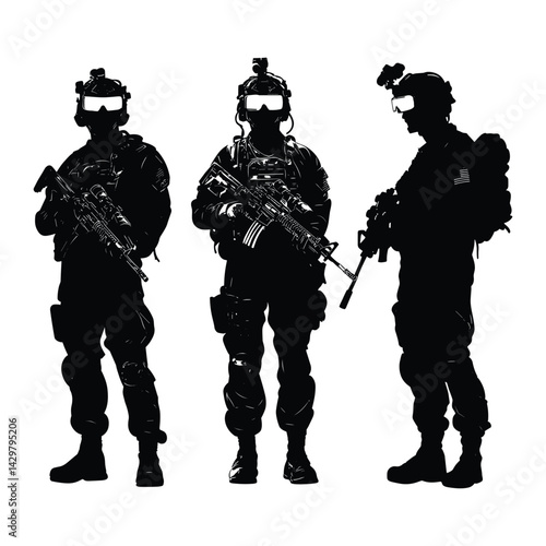 Military Soldiers with Equipment in Silhouette