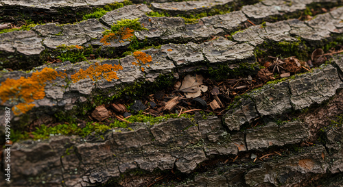 Detailed Surface Of Tree Bark With Moss And Lichen Growing On It